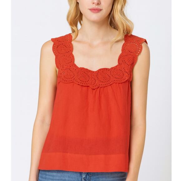 J. Crew Eyelet Embroidered Square Neck Cotton Top Red Sleeveless 41472 Size 4 - Picture 1 of 11